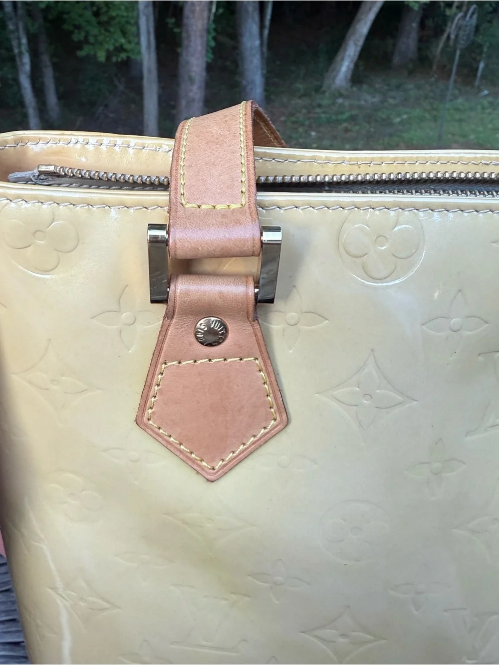 Louis Vuitton Yellow Vernis Monogram Patent Tote with Tan Handles